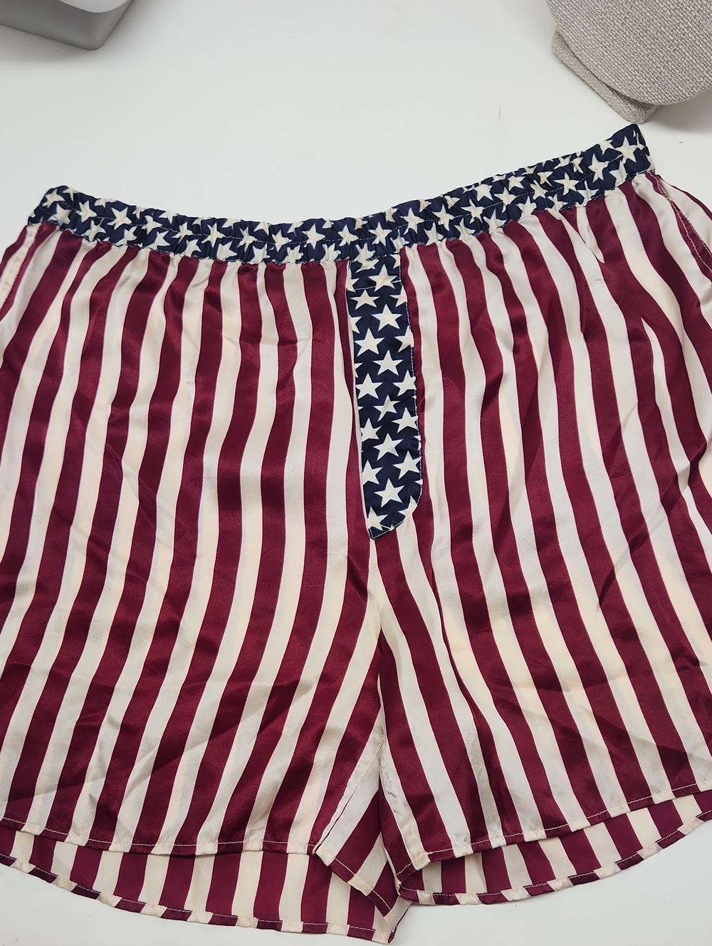 VINTAGE Addiction Men's SILK Boxer Shorts - Red White Stripes Blue Star Trim